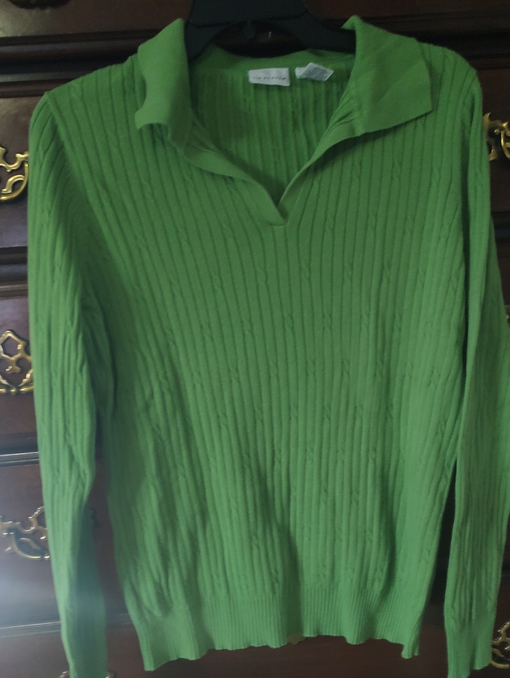 Kim Rogers Green Ribbed V-Neck Collared Top